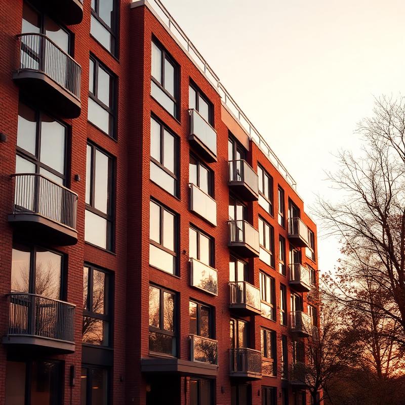 Modern brick apartment building at golden hour