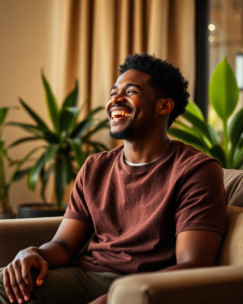 Kofi, a host from Ghana, laughing in his living room